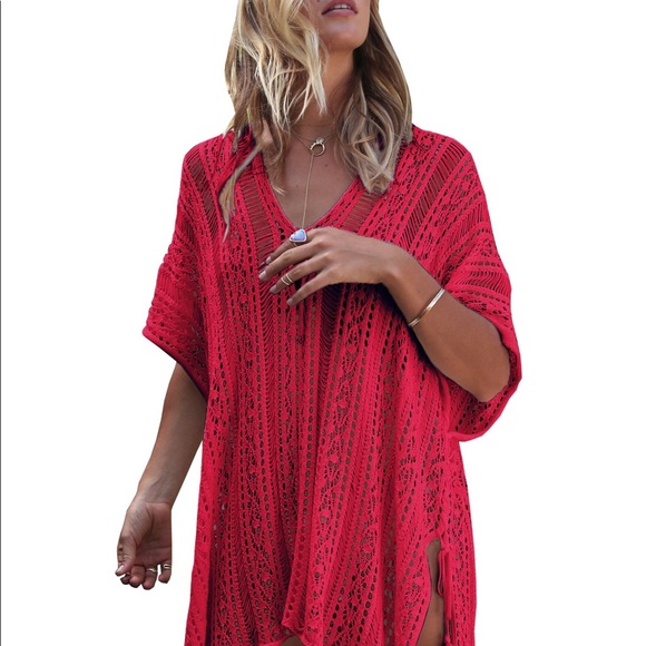 berry red knitted top cover up - Picture 2 of 3